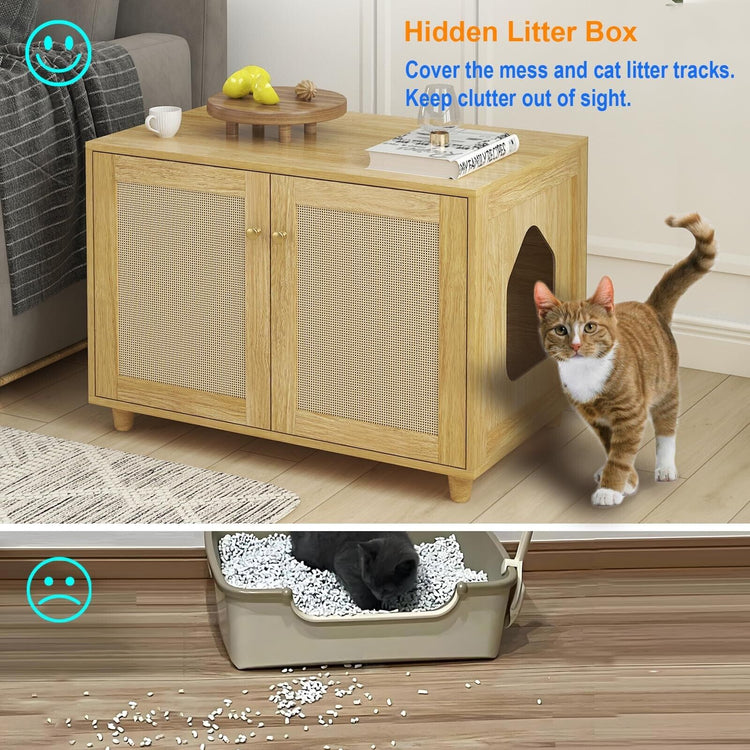Cat Litter Box Enclosure, Rattan Litter Box Hidden Furniture Indoor Cat House...