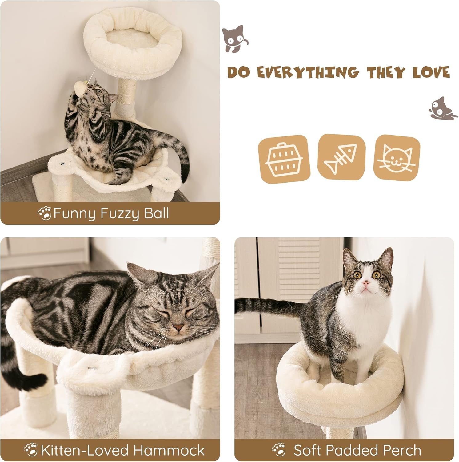 28.7 Inches Cat Tree with Sisal-Covered Scratching Posts,Hammock and Plush Perches,Small Cat Tower for Kittens- Multiple Colors-Beige