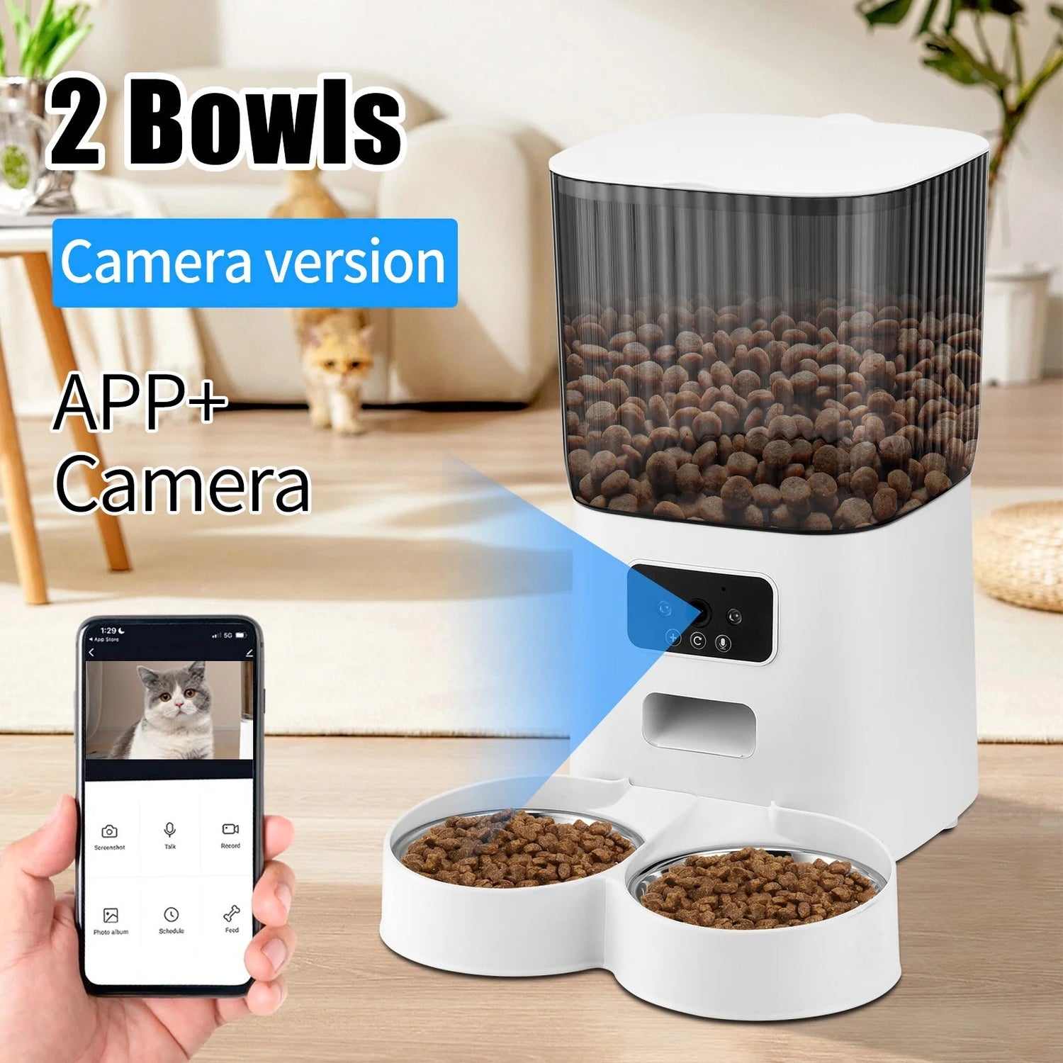 Threes Tree Automatic Cat Feeder with Camera for 2 Pets, Camera 5L Cat Feeder with 2 Stainless Steel Bowls, Remote APP Control