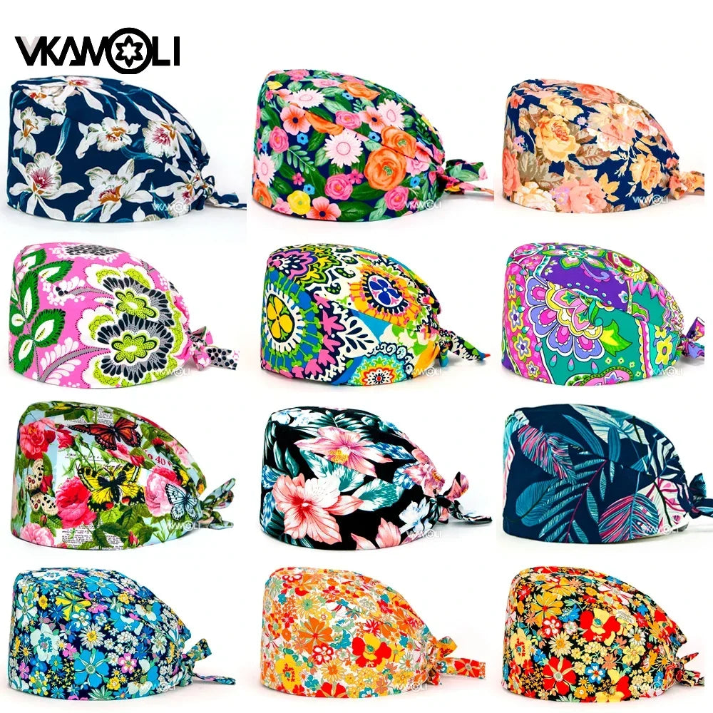 Flower Printing Pet Grooming Scrubs Hats Tooth Check Scrubs Women Caps Health Service Work Caps Operator Hats Nursing Cap