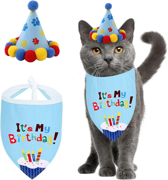 Pet Cat Dog Happy Birthday Bandana Scarfs and Cute Party Hat for Girls Boys,Cat Birthday Gift Decorations Set with Soft Scarf & Adorable Hat