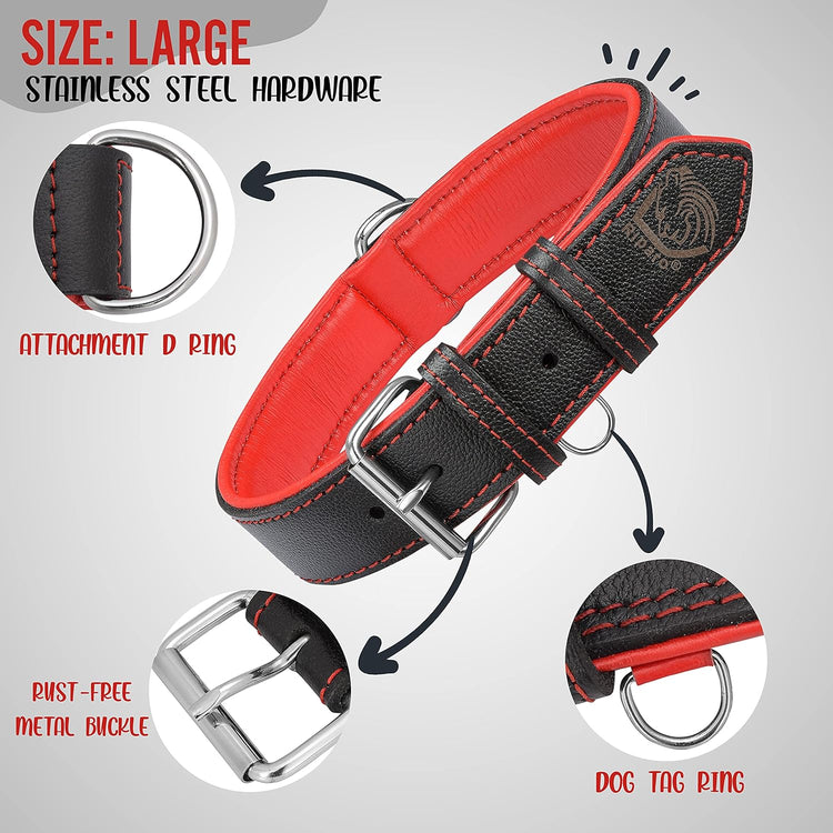 Riparo Dog Collars for Medium Dogs, Genuine Leather Dog Collar, Medium Dog Collar (M: 1" Wide for 13.5”-17.5” Neck, Black/Red Thread)