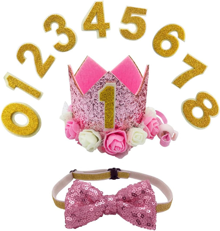 Cat Dog Birthday Crown Hat and Bow Tie Collar Set Pet Girl Birthday Party Supplies (Pink)