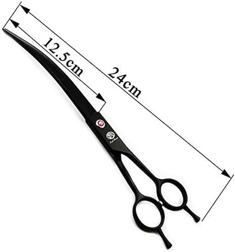 9.0 Inch Twin Tails Downward Curved Blade Pet Grooming Scissors Dog Hair Cutting Shears with Bag for Professional Left Handed or Right Hand Pet Grooomer (Black Downward Curved)