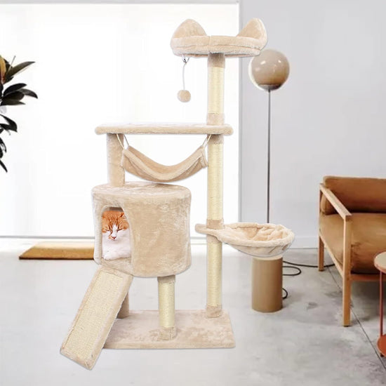 52 Inches Cat Tree with Hammock and Sisal-Covered Post,Cat Acitivity Center Beige Pet Funiture with Dangling Ball for Kittens