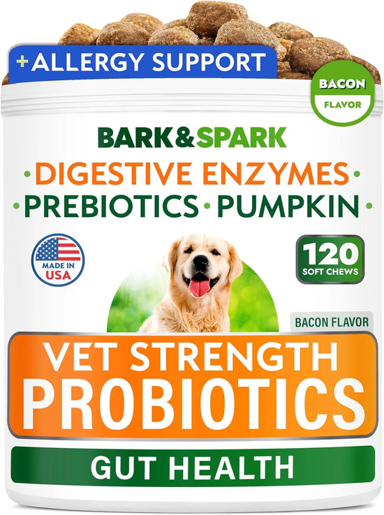 Vet Strength Dog Probiotics Chews - Gas, Diarrhea, Allergy, Constipation, Upset Stomach Relief, with Digestive Enzymes + Pumpkin + Prebiotics - Chewable Fiber Supplement - Improve Digestion, Immunity