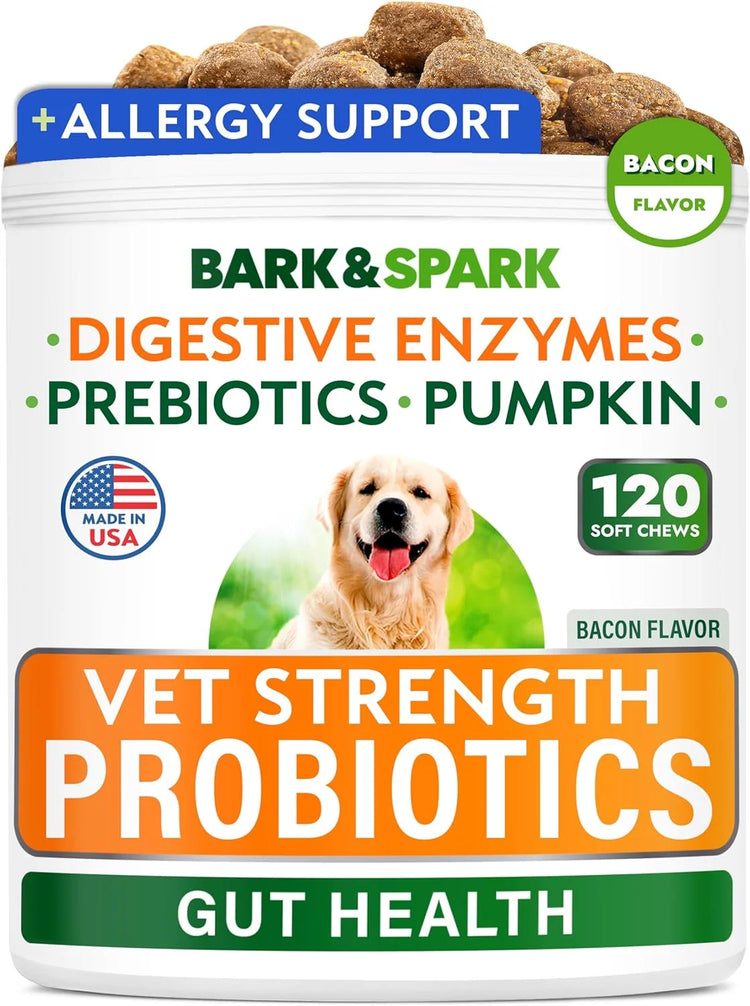 Vet Strength Dog Probiotics Chews - Gas, Diarrhea, Allergy, Constipation, Upset Stomach Relief, with Digestive Enzymes + Pumpkin + Prebiotics - Chewable Fiber Supplement - Improve Digestion, Immunity