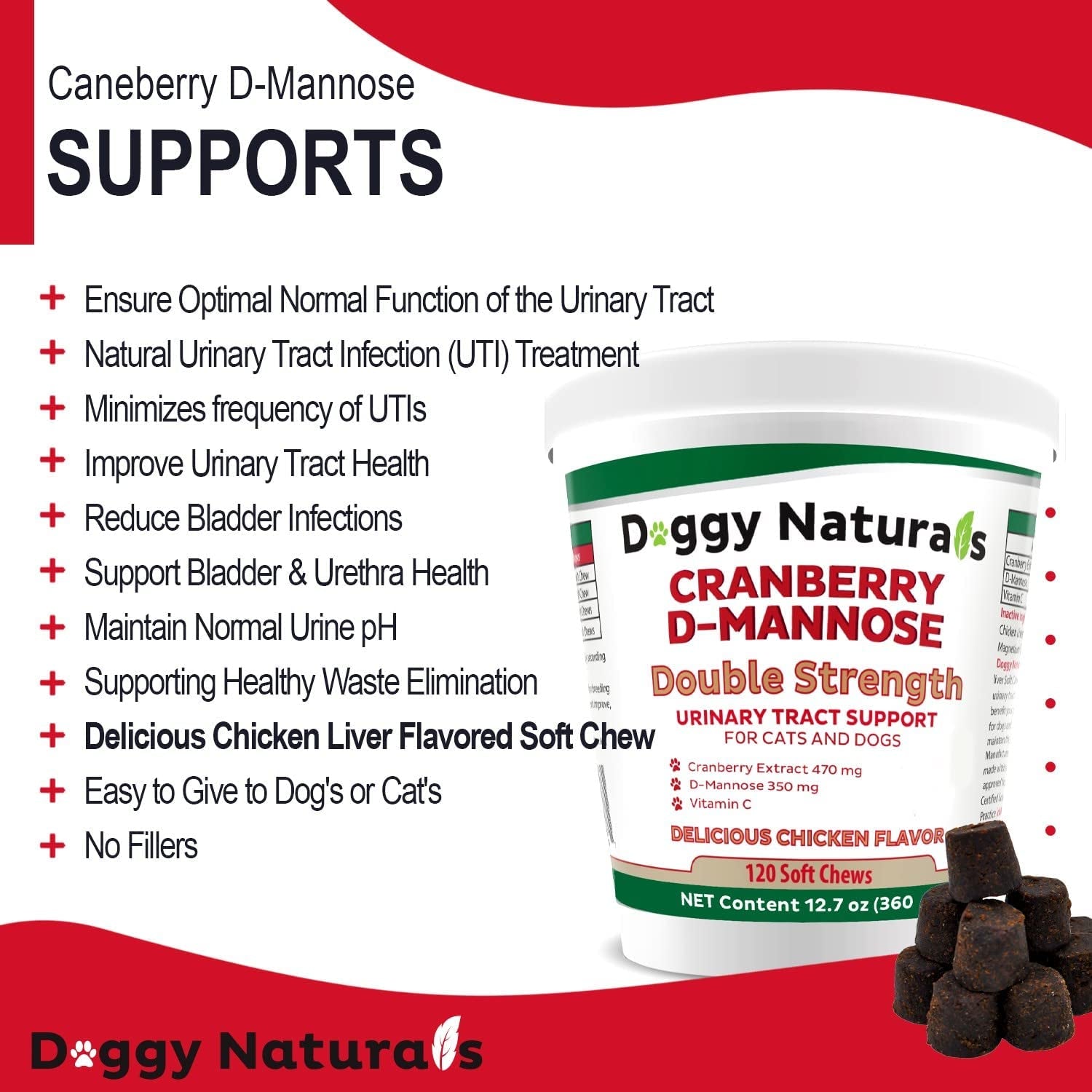Cranberry D-Mannose for Dogs and Cats Urinary Tract Infection Support Prevents and Eliminates UTI, Bladder Infection Kidney Support 11.4 Oz (Double Strength Soft Chew, 120 Soft Chew)