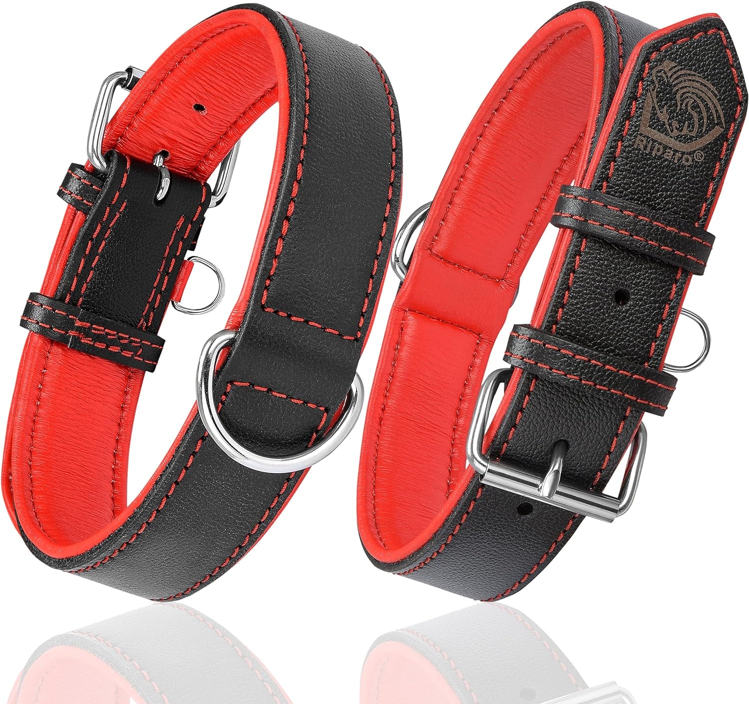 Riparo Dog Collars for Medium Dogs, Genuine Leather Dog Collar, Medium Dog Collar (M: 1" Wide for 13.5”-17.5” Neck, Black/Red Thread)