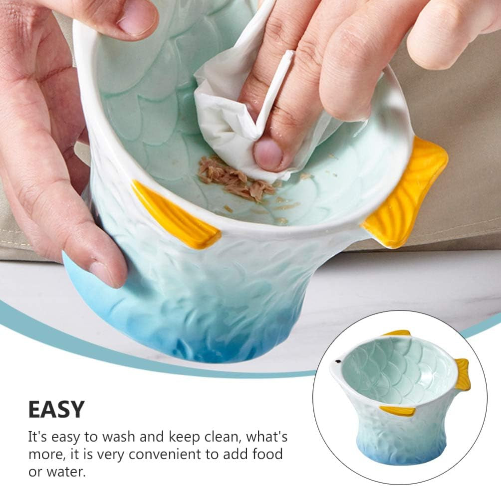 Non-Slip Ceramic Cat Bowl - Elevated Feeding Dish for Food and Water, Fish Shape Design